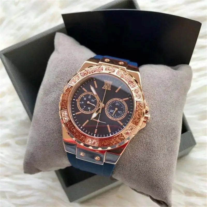 Luxury Quartz Watch Set Stainless Steel Case Silicone Strap Chronograph Diamond Dial Waterproof Couple Wristwatch Women