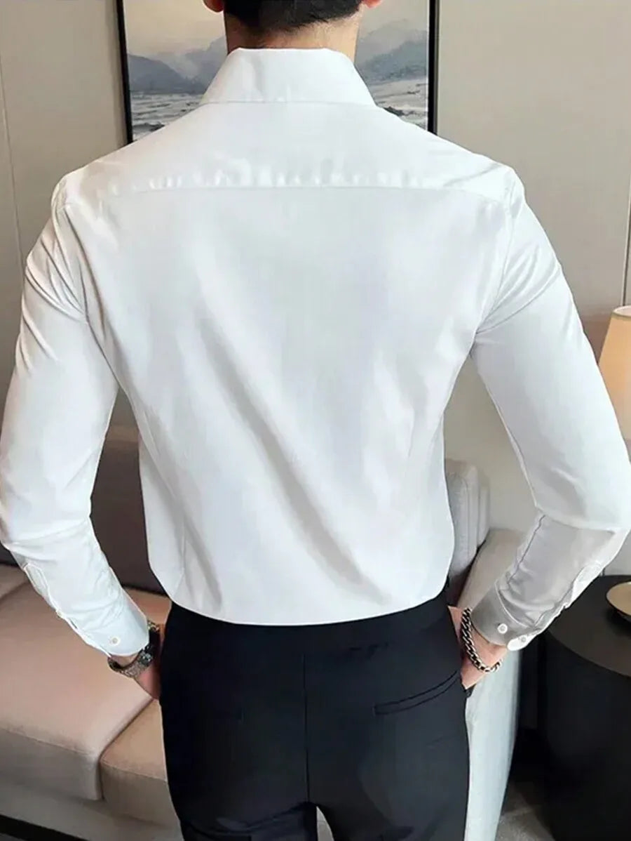 Men's Solid Cream Slim Fit Long Sleeve Button-Down Shirt for Business Casual Wear