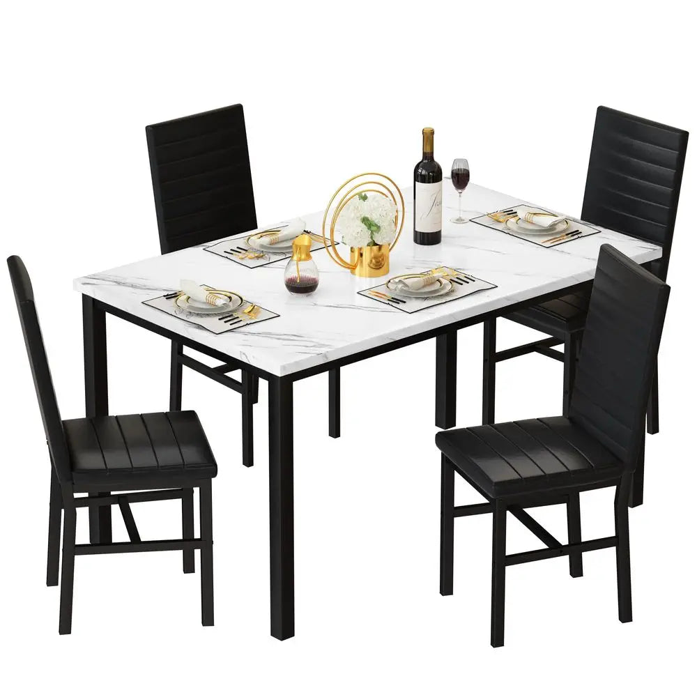 Dining Table Set for 4, Marble Kitchen Table and Chairs for 4, Comfortable PU Leather Chairs,Dining RoomTable Set for Small Spac