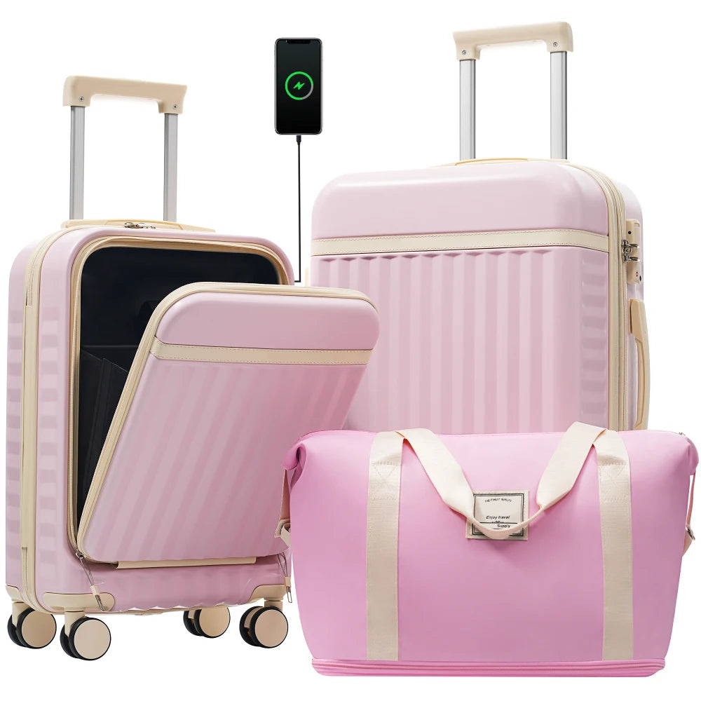 3PCS Front Opening Hardside Expandable Luggage Set Carry on Suitcase USB Port TSA Lock Spinner Wheels & Handle Bag