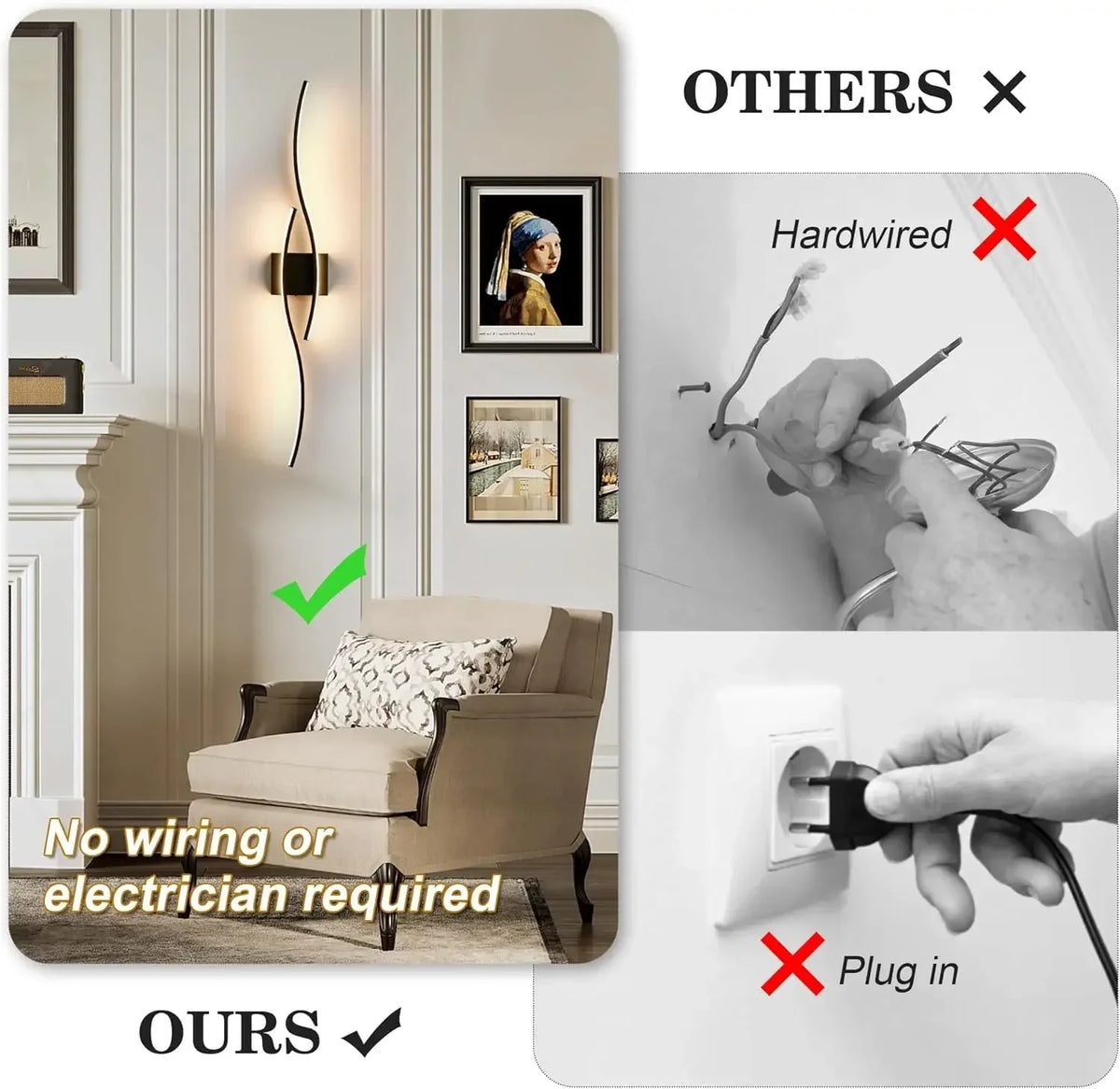 Battery Operated Wall Sconces Set of Two with Remote Control, Dimmable/3 Color/Night-Light/Timer/Memory, Black Modern Wireless L