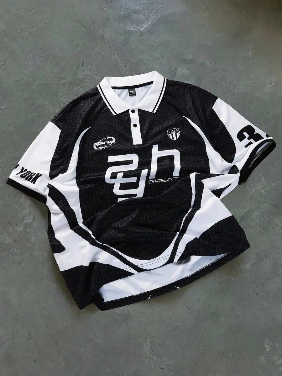 Men's Black White Graphic Print Polo Shirt, Loose Fit Y2K Streetwear Style