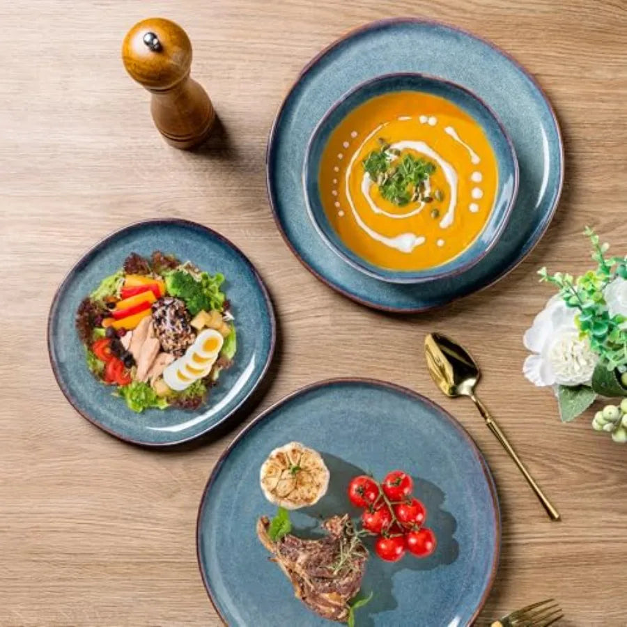 Ceramic Dinnerware Sets Handmade Reactive Glaze Stoneware Plates and Bowls for 8 Service Dishwasher and Microwave Safe Highly S