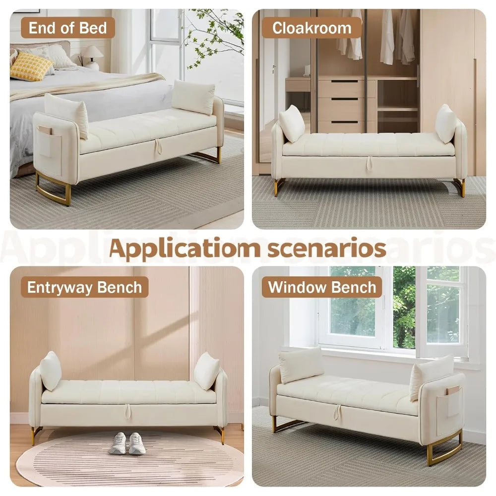 Velvet Storage Bench with Arms Gold Legs 2 Pillows Pockets King Bedroom Living Room Entryway 66", Customized