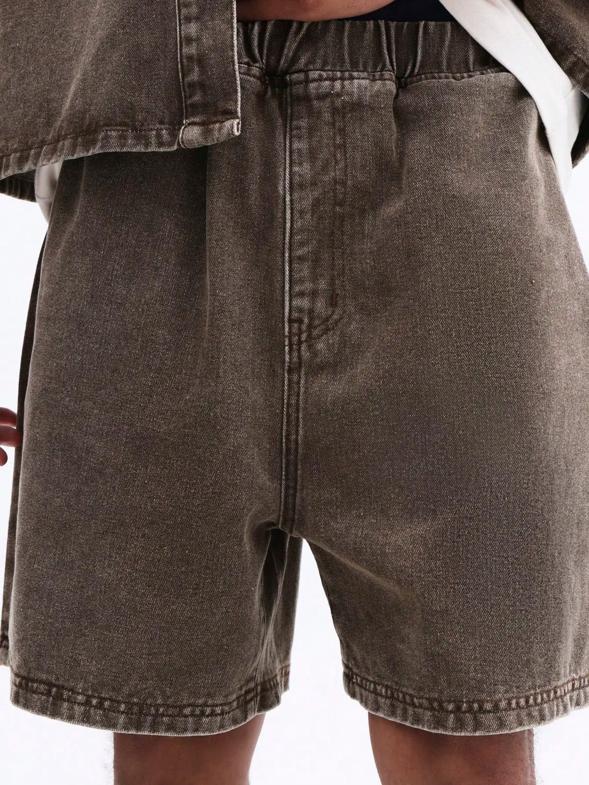 Oversized Denim Shorts Set Short Sleeve Button Up Vintage Washed Brown Taupe Relaxed Fit Summer Casual