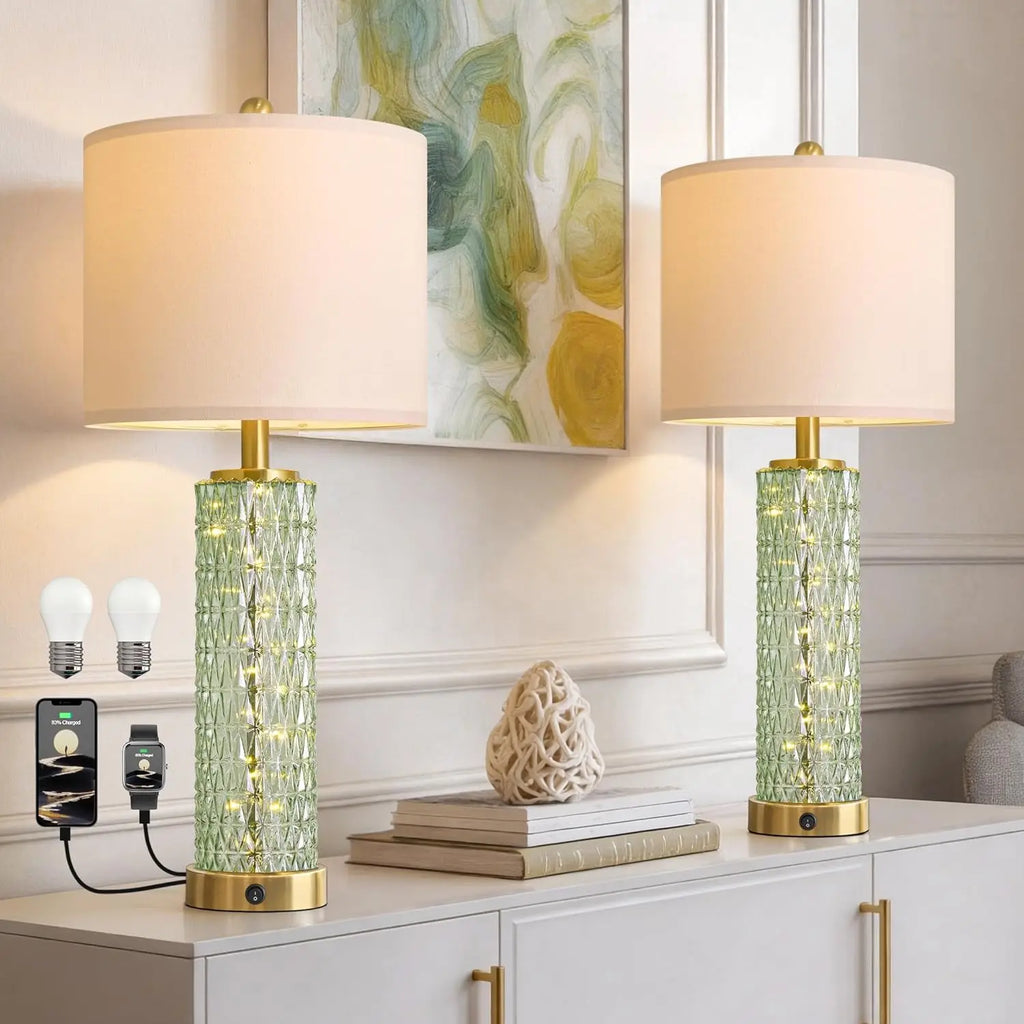Set of 2 Modern Green Table Lamps with USB Ports and Night Light, 27.75" Height for Bedroom, Living Room, Desk (Bulbs Included)