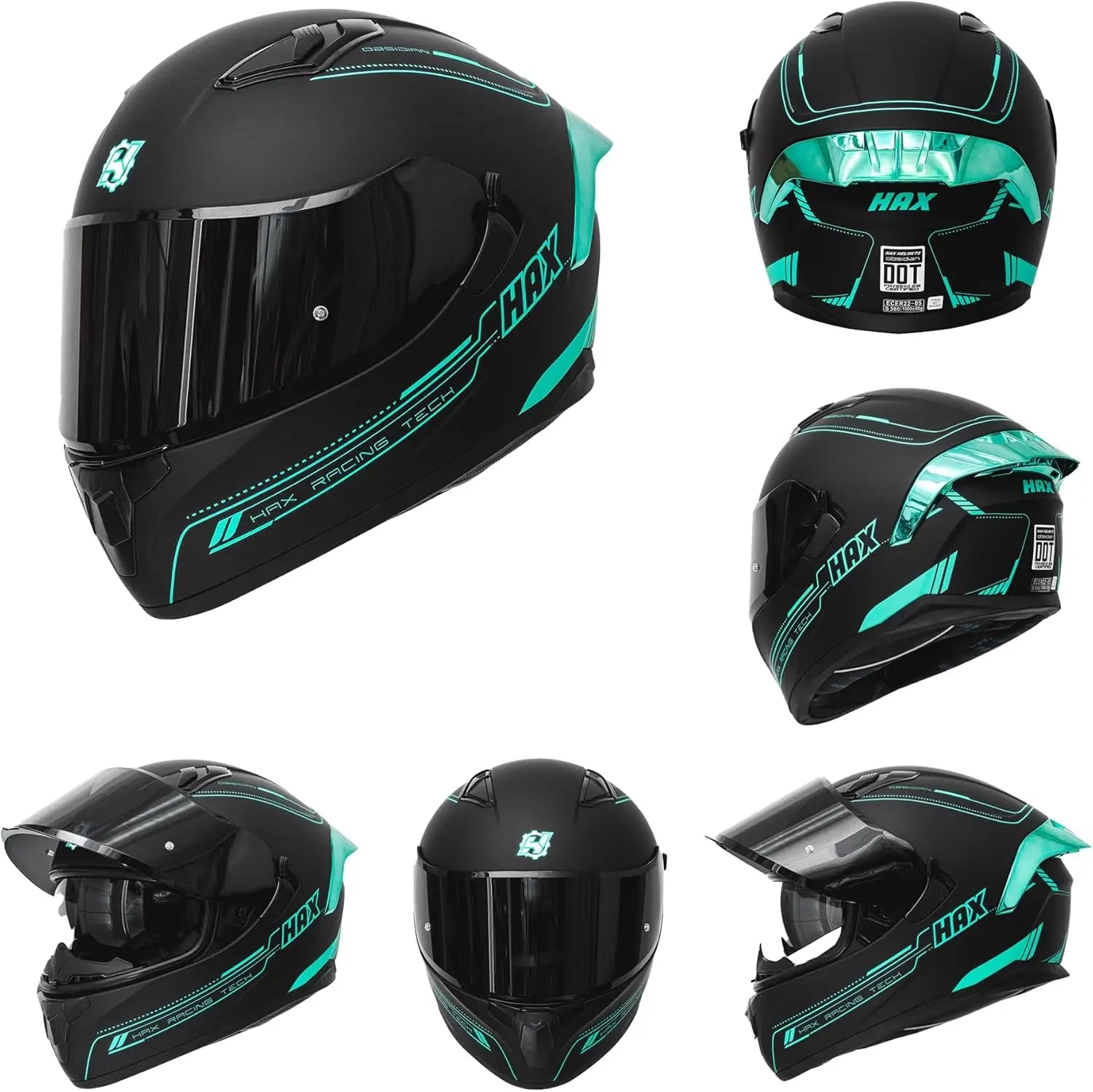 Obsidian Full Face Dual Visor Adult Motorcycle Helmet for Motorbike Street Bike with Pinlock Ready DOT Approved Matte Black Aqua