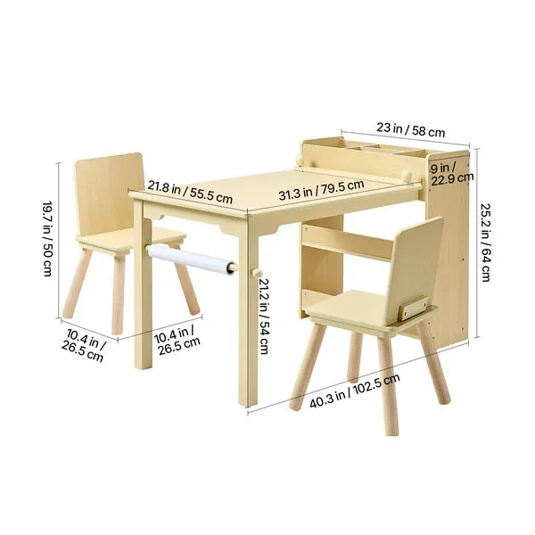 Kids Art Table and Chair Set, Toddler Craft Table with 3 Tiers Storage Cabinet, Wooden Kids Activity