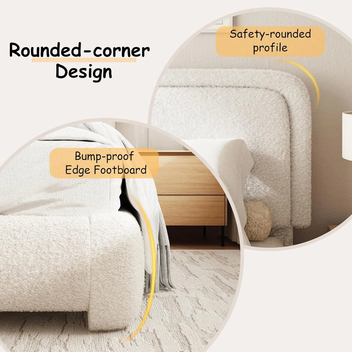 Upholstered Platform Bed Adjustable Headboard Rounded Corners Noise Free Easy Assembly White, Customized
