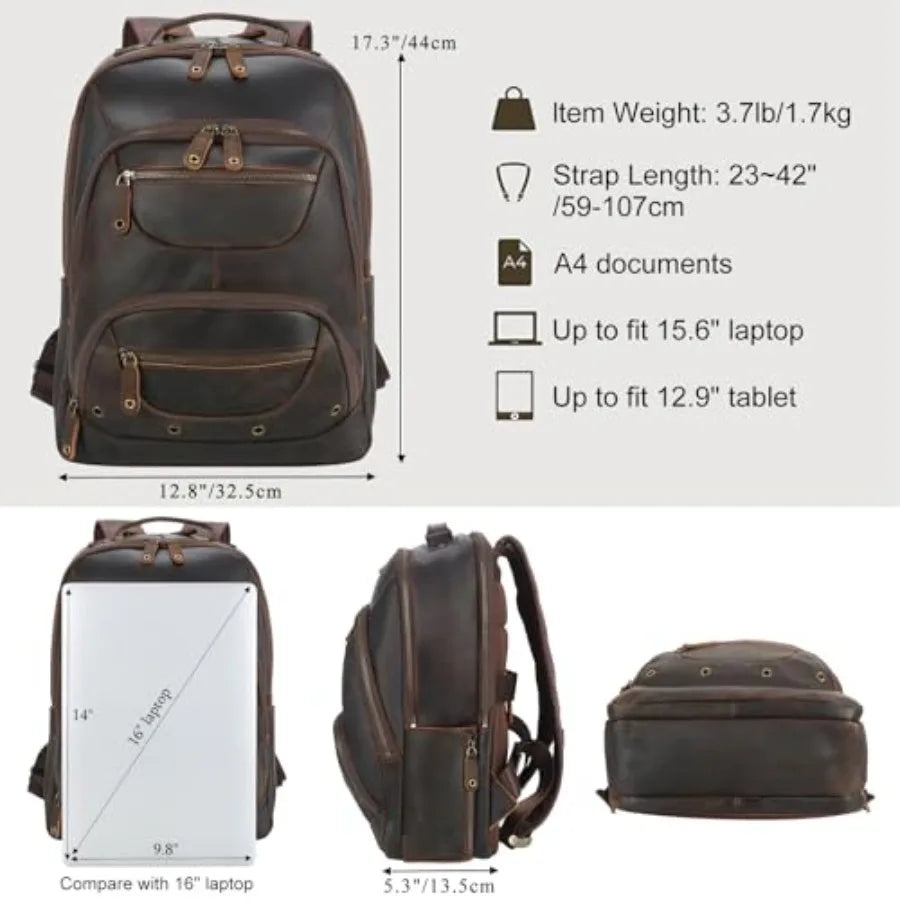 Leather Laptop Travel Backpack for Men Fits 15.6 16 Computer Large Business Work Bag Vintage Overnight Weekender Daypack Campin