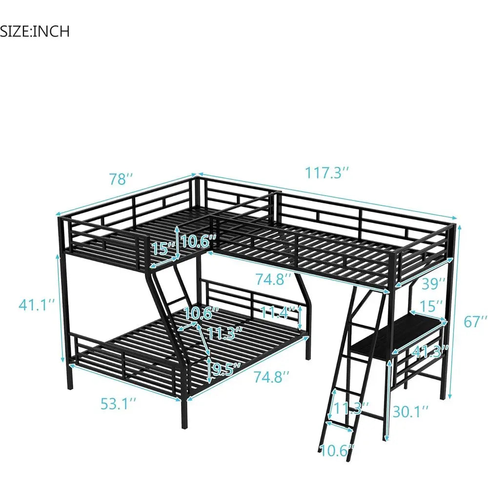 Black Triple Bunk Bed with Twin Over Full and Desk for Kids, Teens, Adults