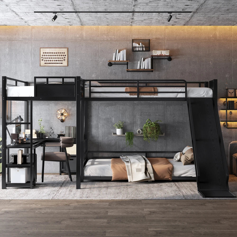 L-Shaped Metal Bunk Bed (Top bed: twin, bottom bed: full ) with Single Loft Bed, Desk, Metal Triple Bunk Bed with Slide,Black