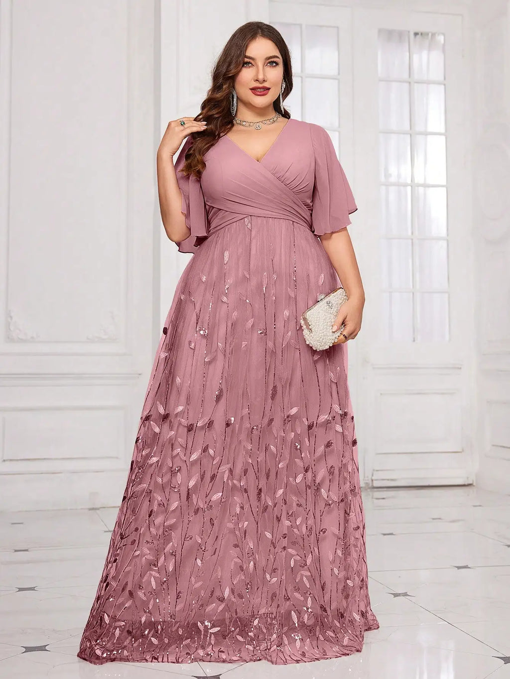 Plus Size V-Neck Flounce Sleeve Leaf Mesh Embroidered Formal Evening Gown