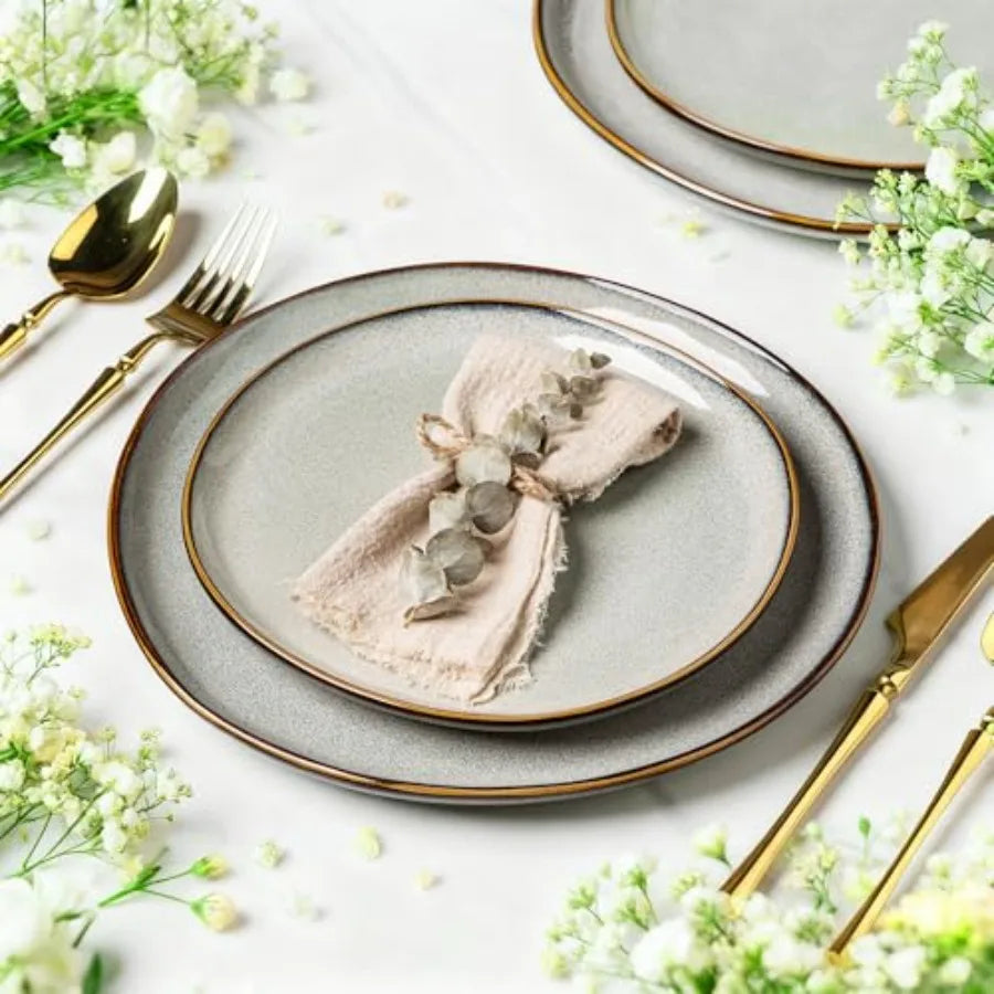 Ceramic Dinnerware Sets Handmade Reactive Glaze Stoneware Plates and Bowls for Dining Service for 8 24pc Dishwasher Microwave S