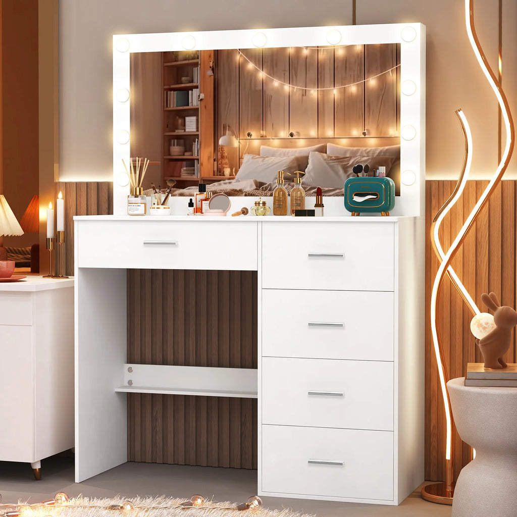 White Dressing Table with Large Hollywood Mirror 11 LED Bulbs Makeup Desk Vanity