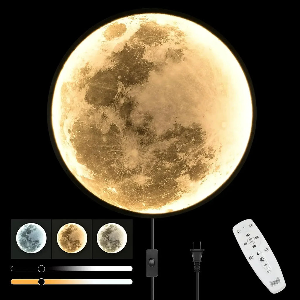 QIYIMEILUX 31.5 inch Large Moon Wall Sconce Plug in Dimmable Modern LED Wall Light with Remote Control 41W Black Wall Lamp Indoo