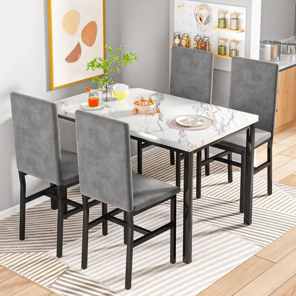 5-Piece Dining Table Set or 4 with aux Marble Top & Velvet Chairs, Space Saving ern Kitchen Table Set or Small Spaces, Aparents
