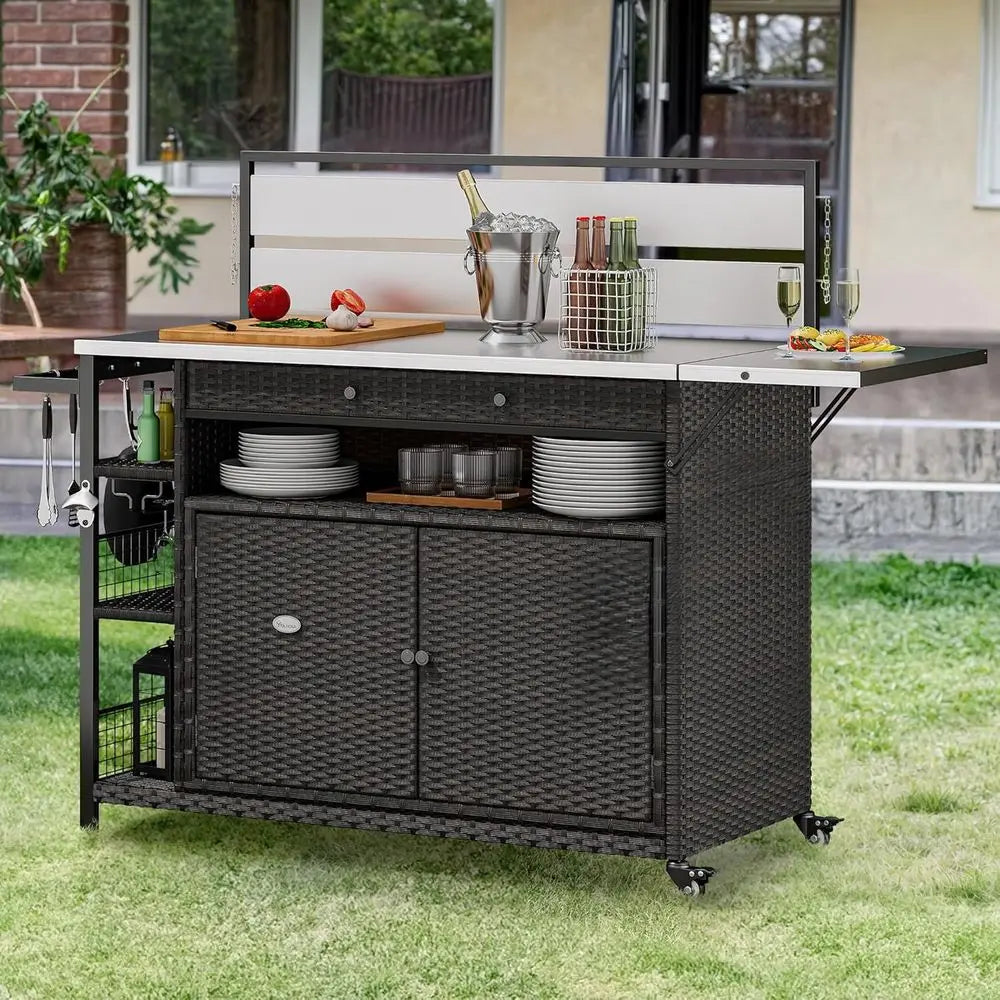 Outdoor Kitchen Island with Bar Table, Storage Cabinet, Stainless Steel Top, Wheels, and Side Handle in Brown