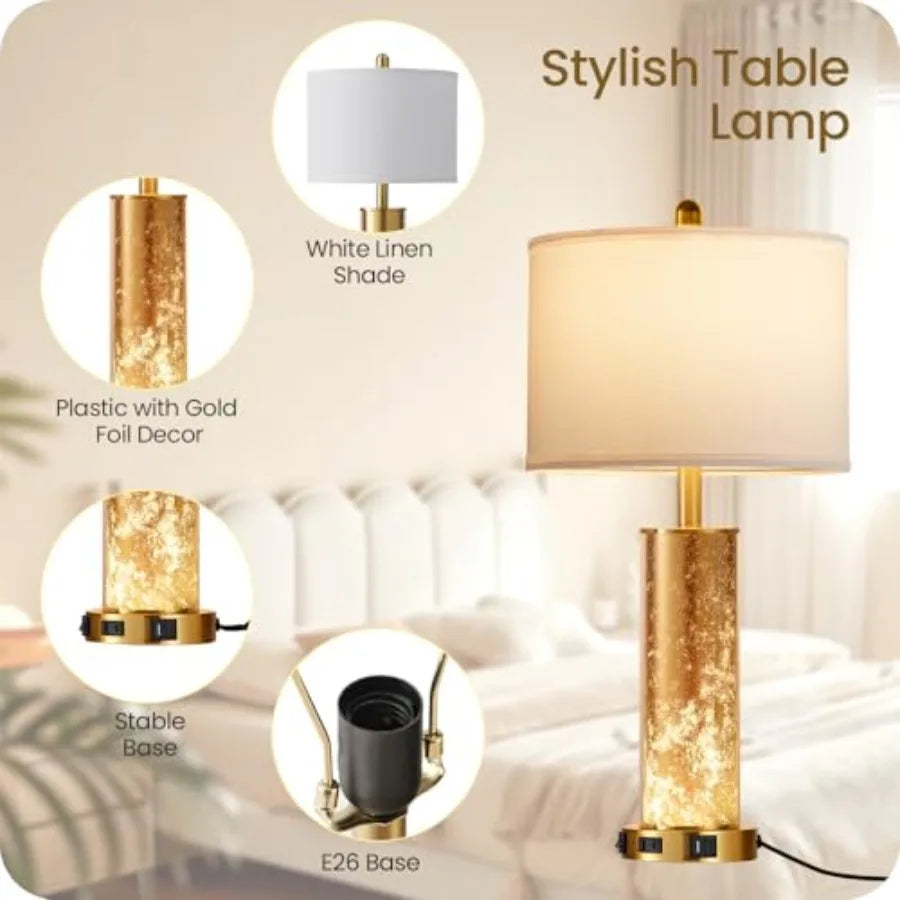 25.6" Gold Table Lamps Set of 2 Tall Bedside Lamps with Nightlight Modern Nightstand Lamp with USB Ports Desk Lamp for Bedroom