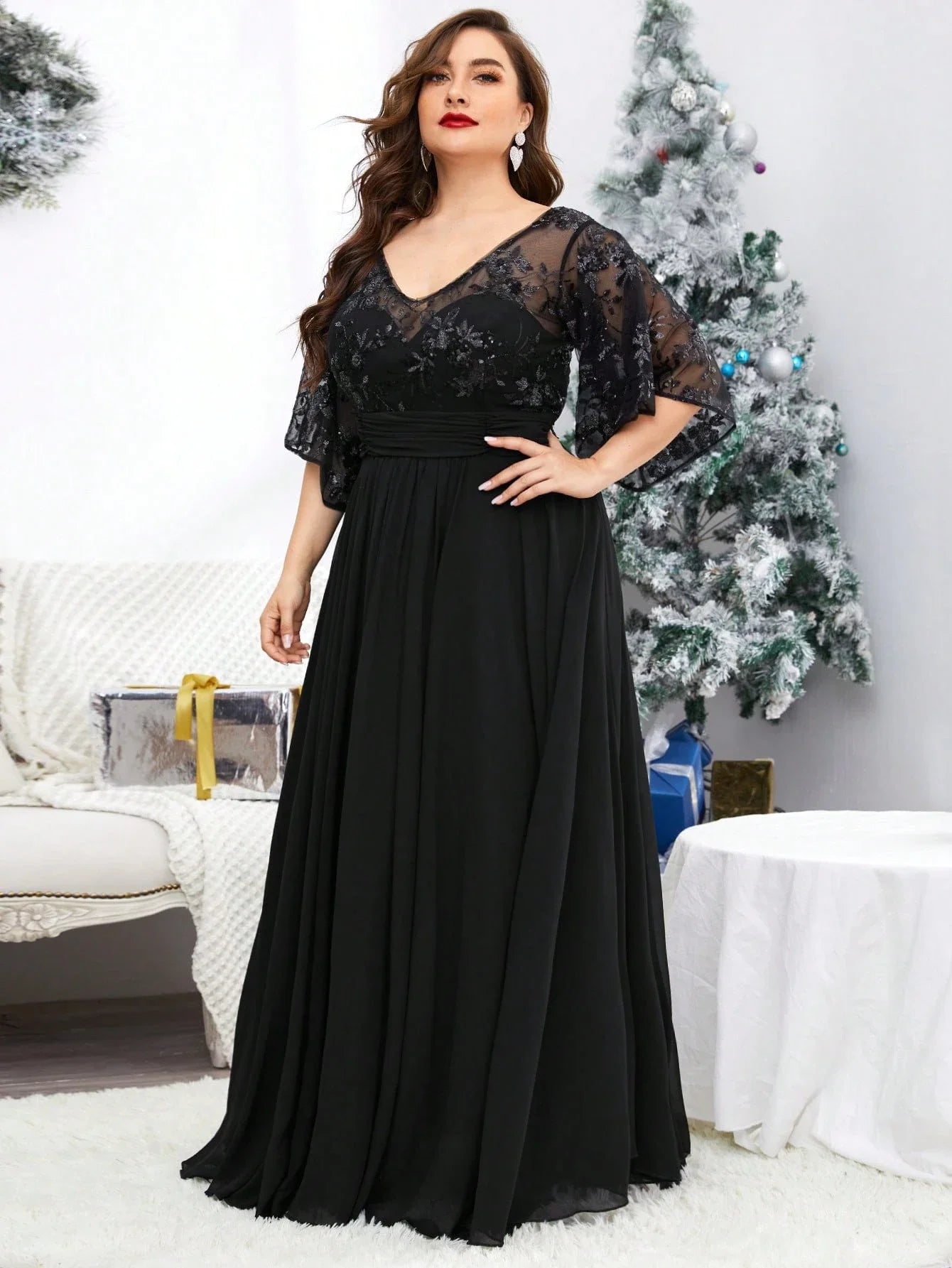 Plus Size Women V-Neck Sequin Embroidery Sheer Flare Sleeve Chiffon Maxi Dress Formal Evening Party Gown
