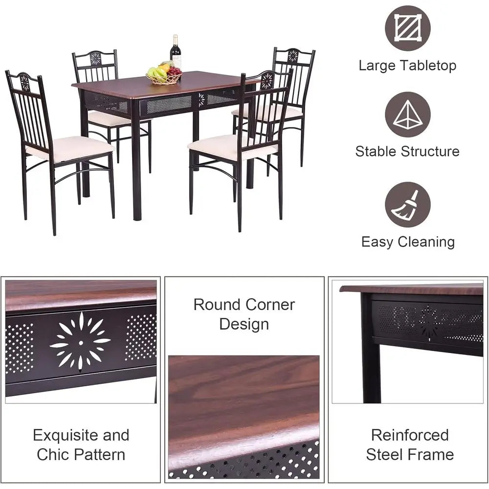 5-Piece Dining Set, Elegant Kitchen Table with 42 Round Table and 4 Upholstered Chairs, Suitable for Home, Coffee Shop, and Rest