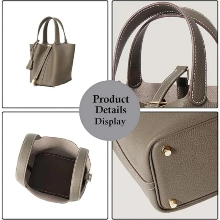 Genuine Leather Bucket Bag for Women: Lock Design Shoulder Handbag Versatile Top-Handle Tote Fashionable Vegetable Basket