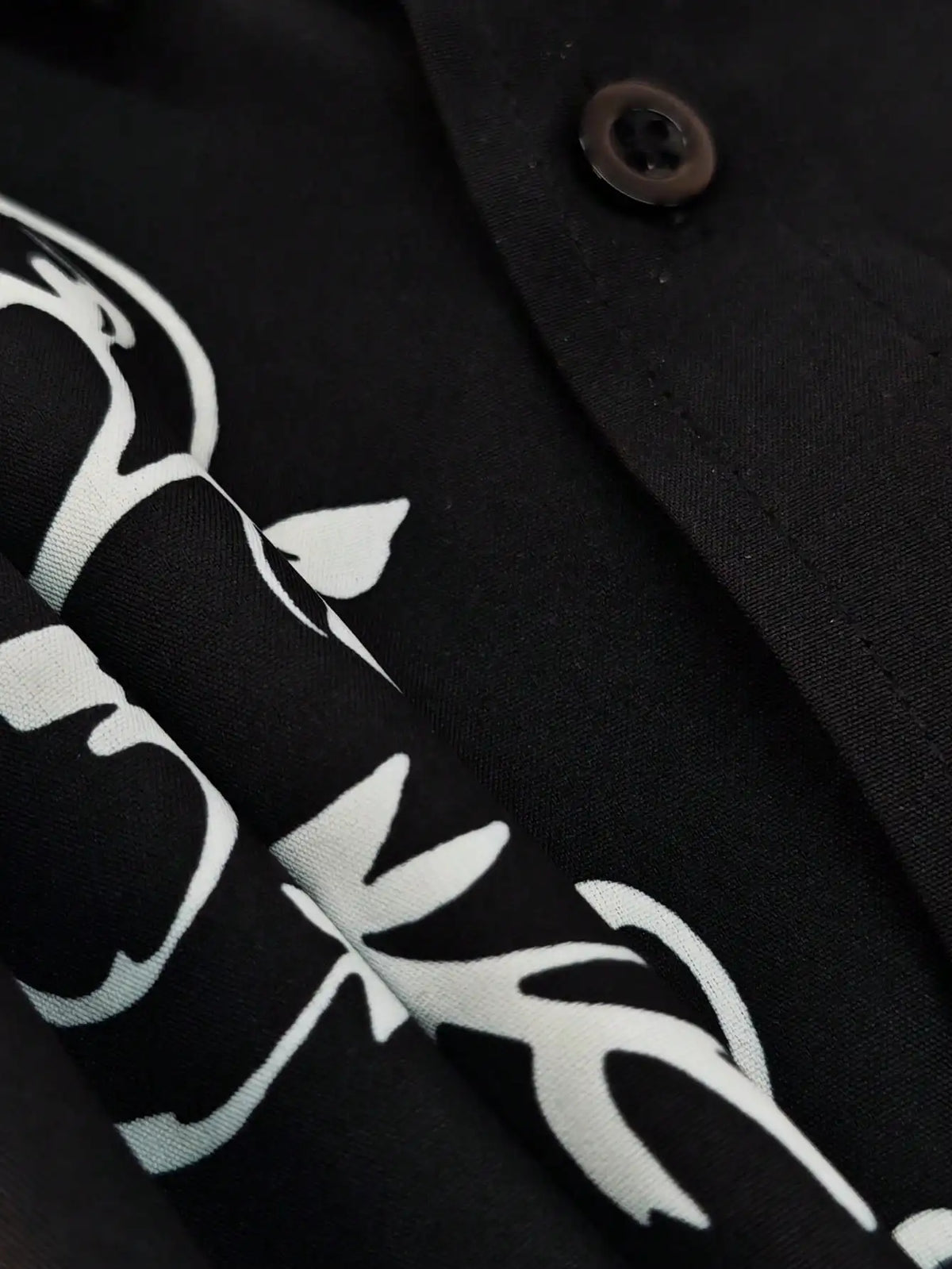 Men's Black Long Sleeve Western-Style Shirt with White Floral Embroidery