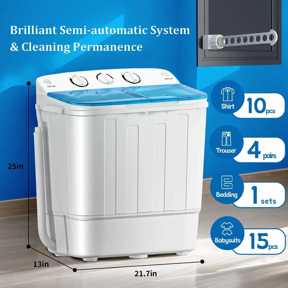 Mini Twin Tub Washing Machine with Drying Rack, 18lbs Washer and 7lbs Spinner, Ideal for Dorms and Apartments (Blue)