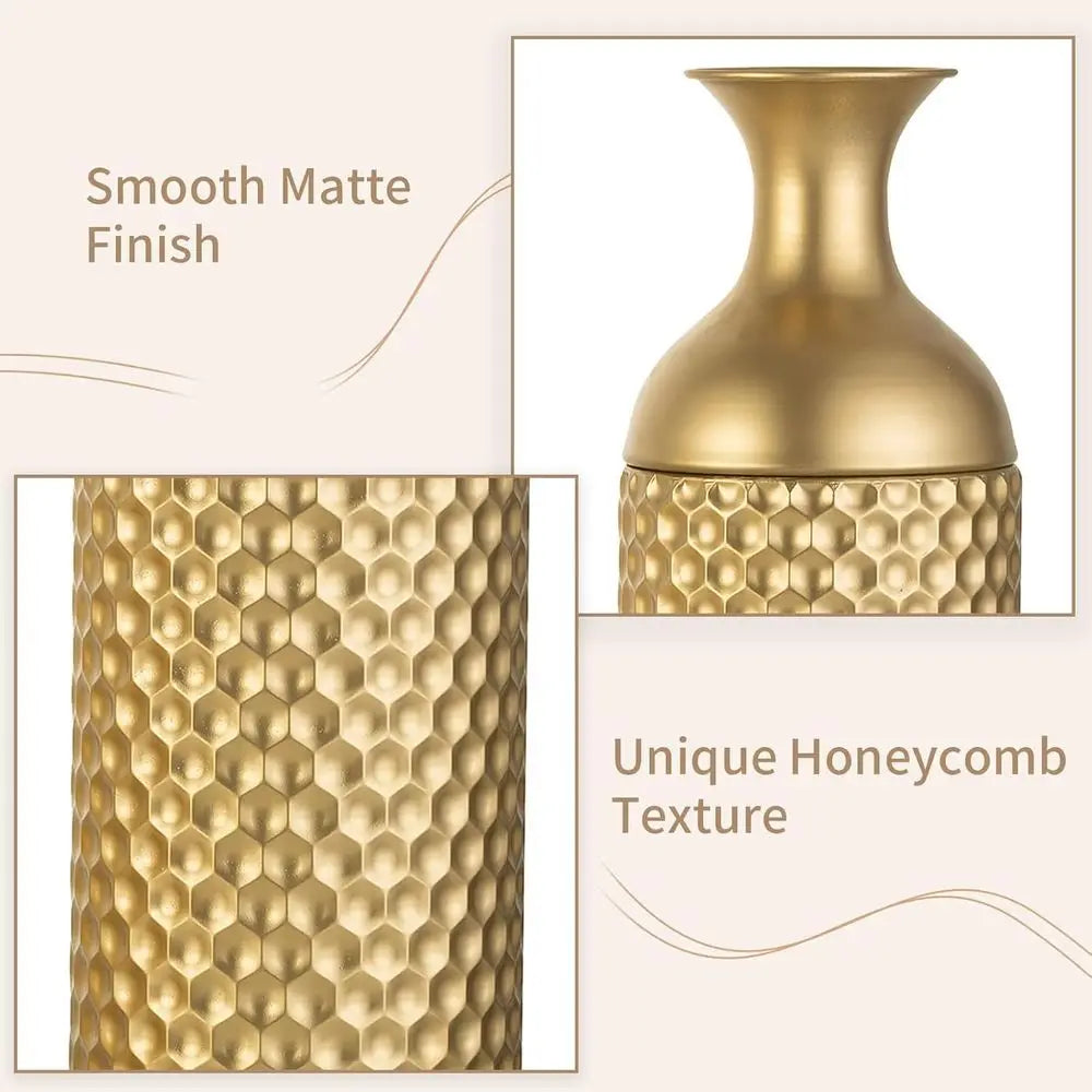 Tall Gold loor Vase: 27in Large Metal loor Vase Decorative Tall - Set o 3 ern eycomb Texture Big Standing Vases or Living Room D