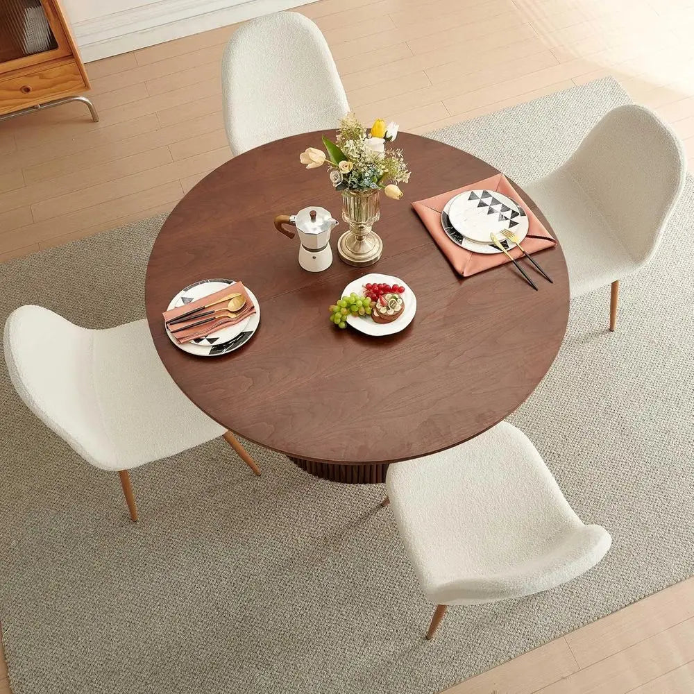 47 Inch Round Wooden Dining Table Set with 4 White Chairs for Space-Efficient Dining
