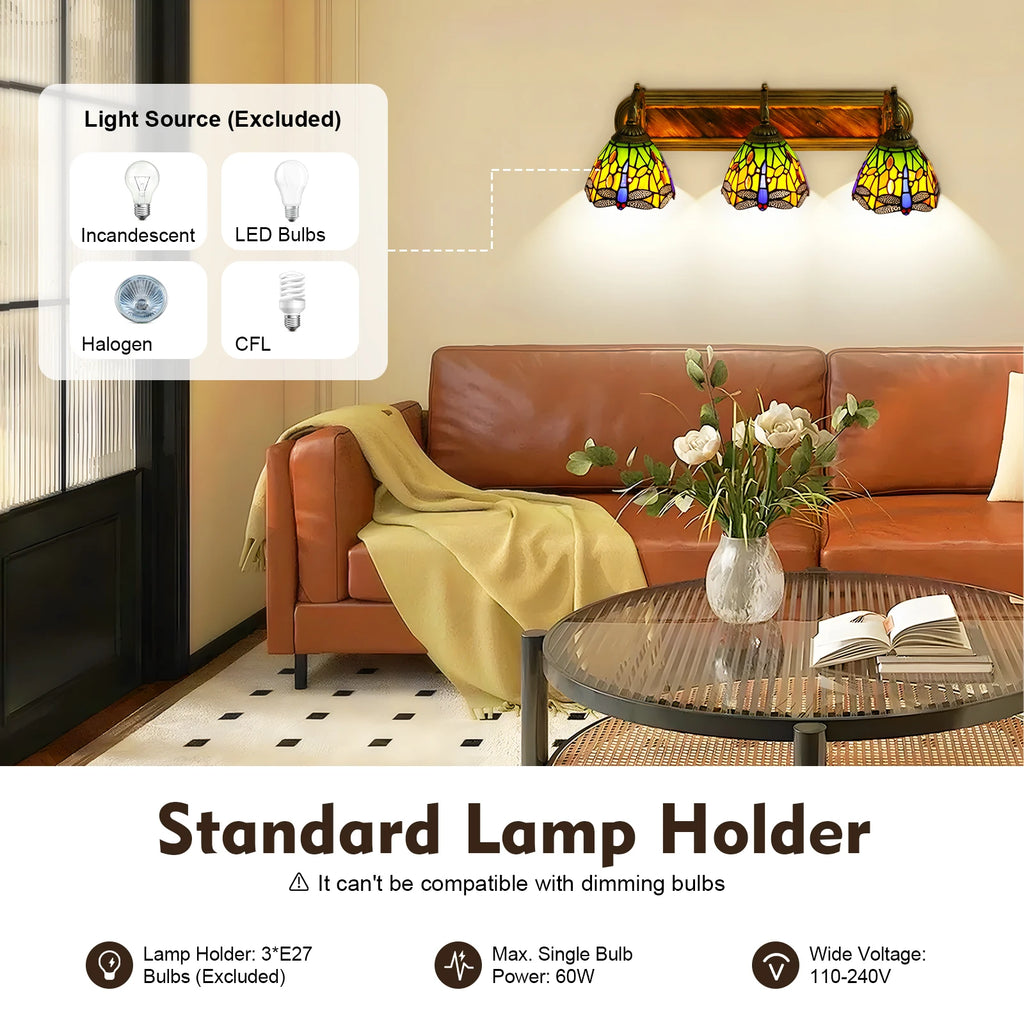 3-light Dragonfly Patterns Wall Lamp with 3 Standard E27 Lamp Holders and Colorful Glass Lampshades for Living Rooms, Cafes