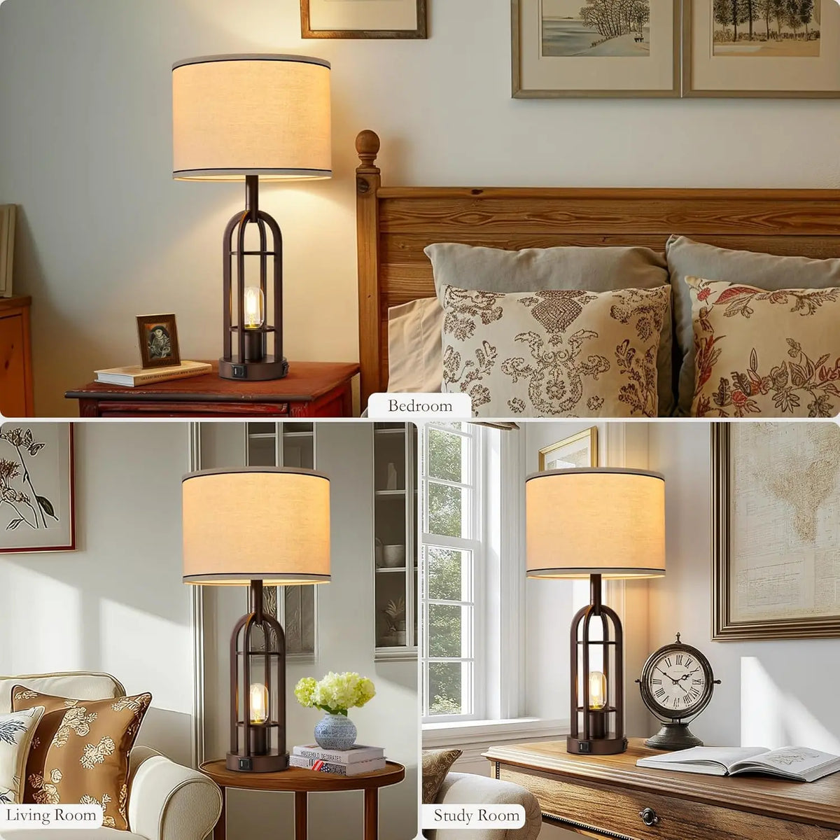 Rustic Industrial Table Lamps Set of 2 with USB Charging and Night Light, Bulbs Included for Living Room Bedroom