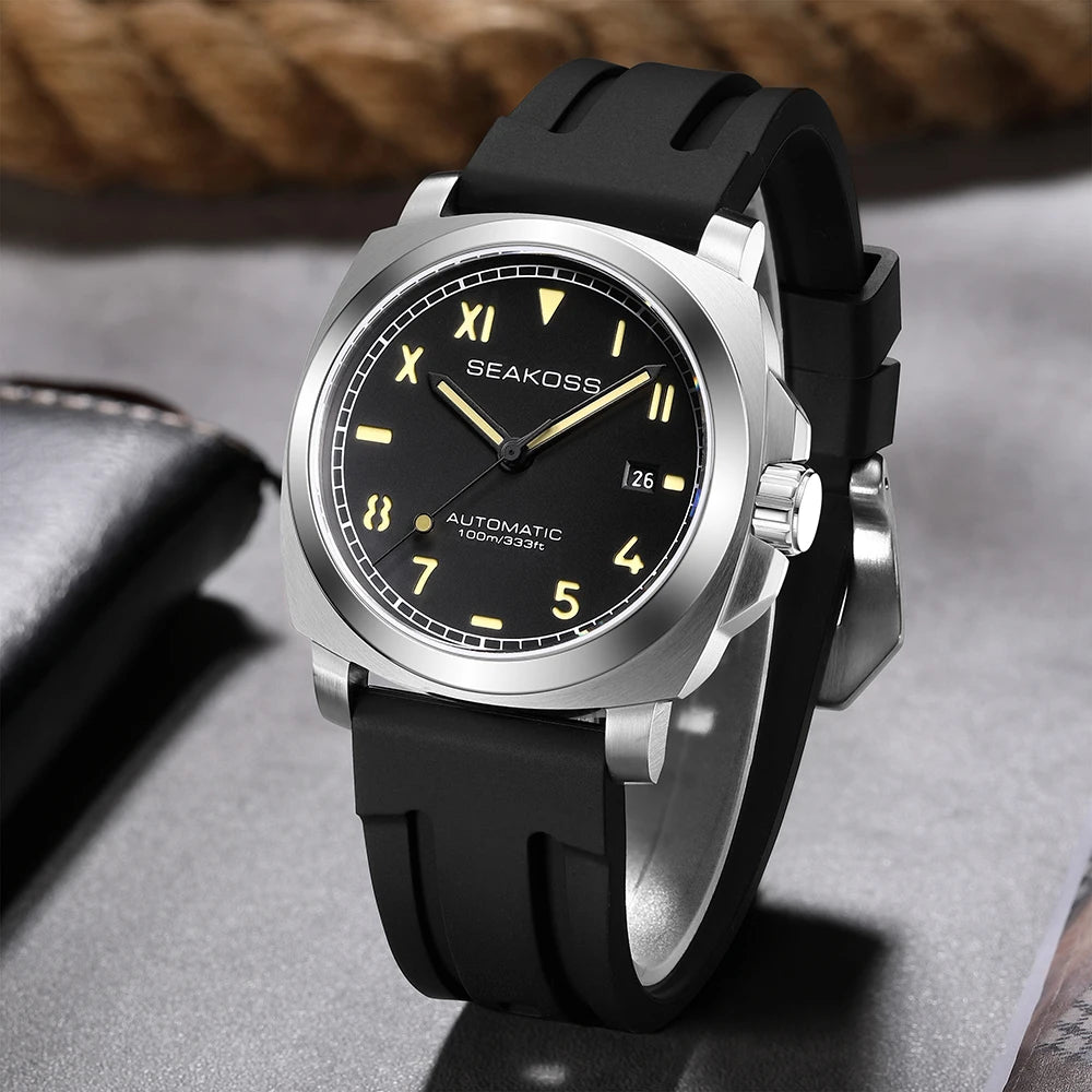 SEAKOSS 10ATM Men's Diving Watch Seagull ST1612 Movement Automatic  Watches for Men Luminous Calendar Sapphire Stainless Steel
