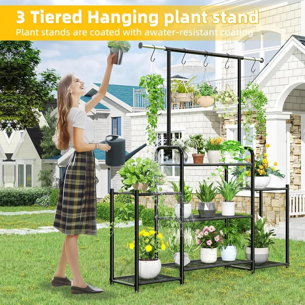 3 Tier Tall Metal Plant Stand Indoor Outdoor Heavy Duty Ladder Shelf for Multiple Flower Planters Garden Balcony Patio Black