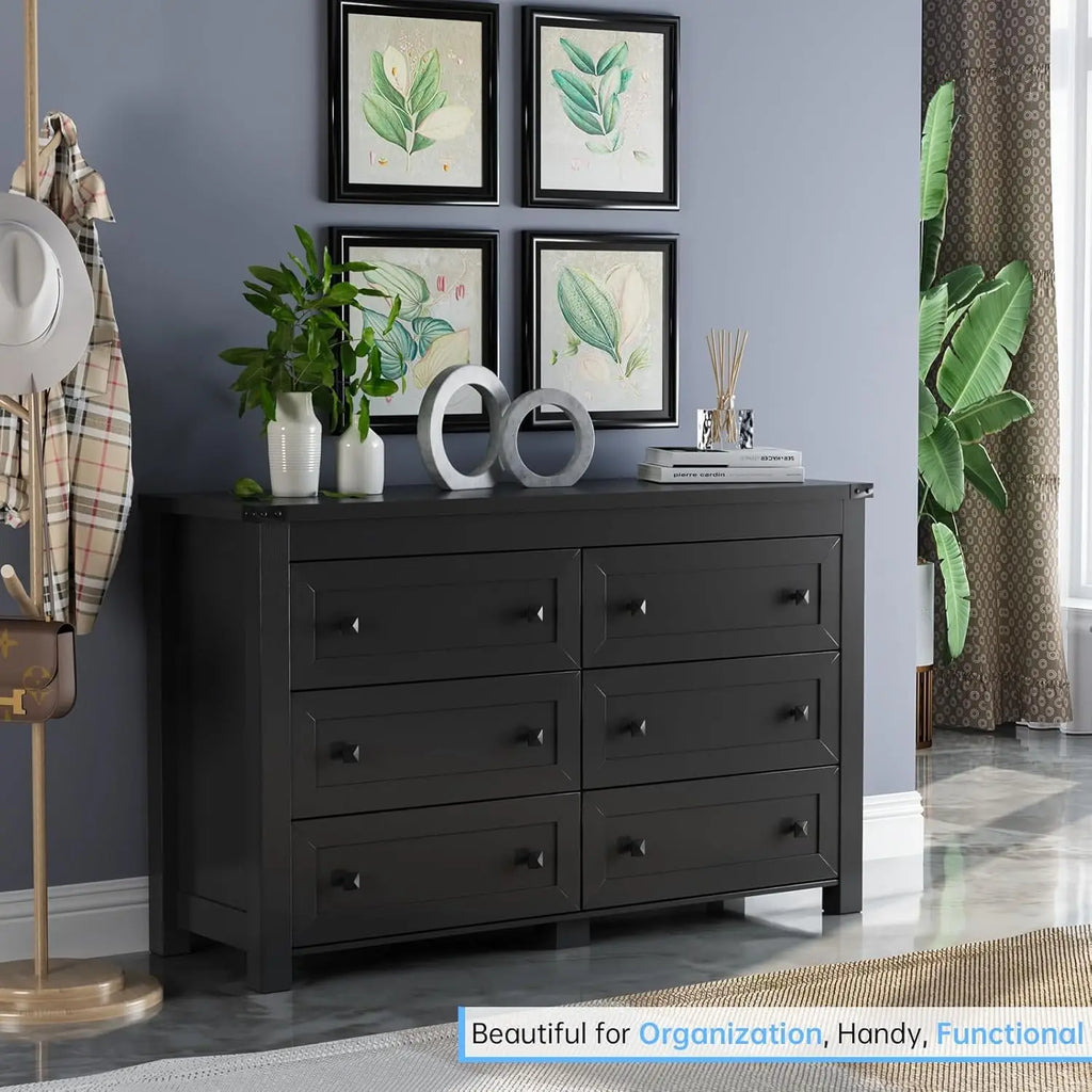 Black Dresser for Bedroom with 6 Drawers, Modern Chest of Drawers, Wood Dressers Bedroom Furniture Wide Storage, Customized