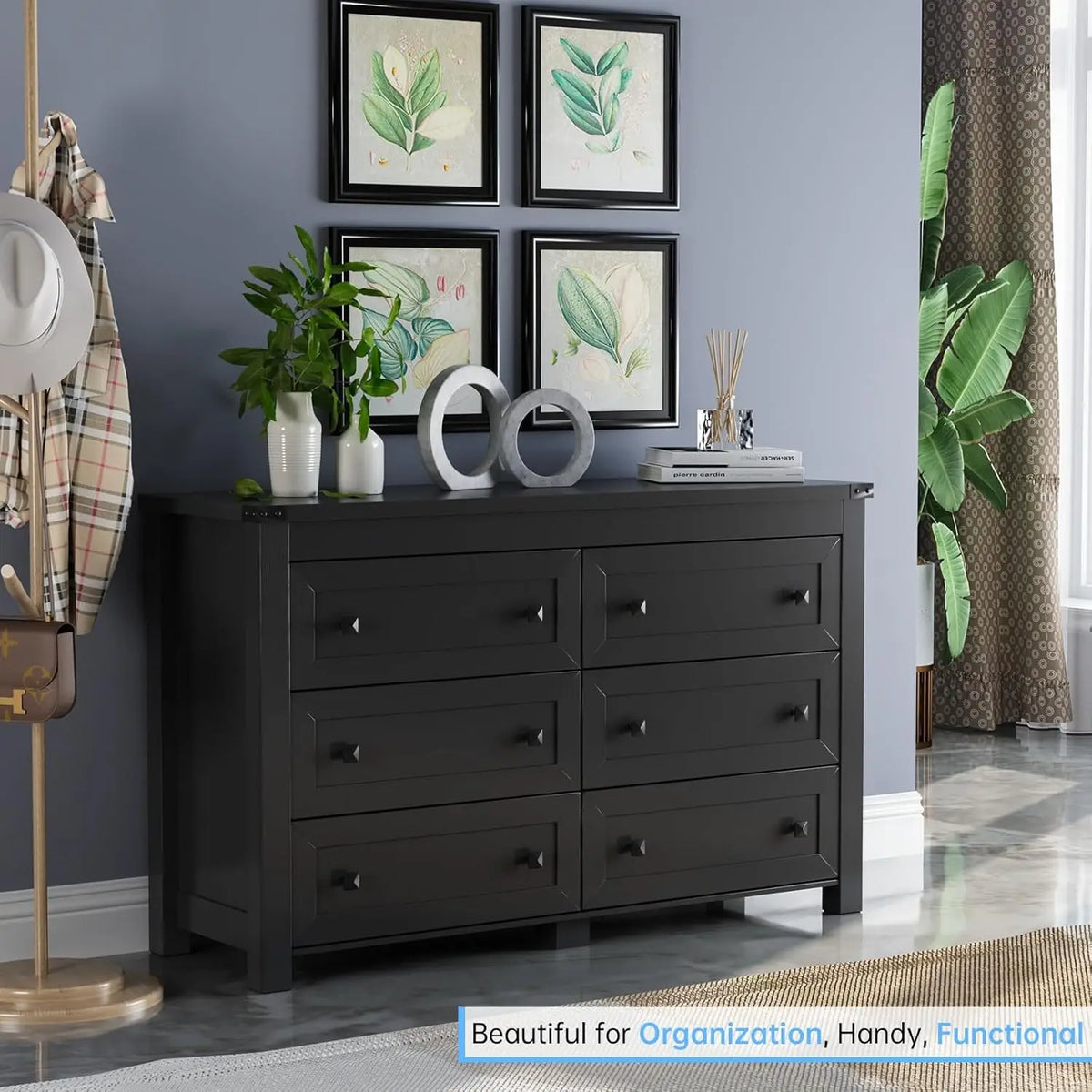 Black Dresser for Bedroom with 6 Drawers, Modern Chest of Drawers, Wood Dressers Bedroom Furniture Wide Storage, Customized