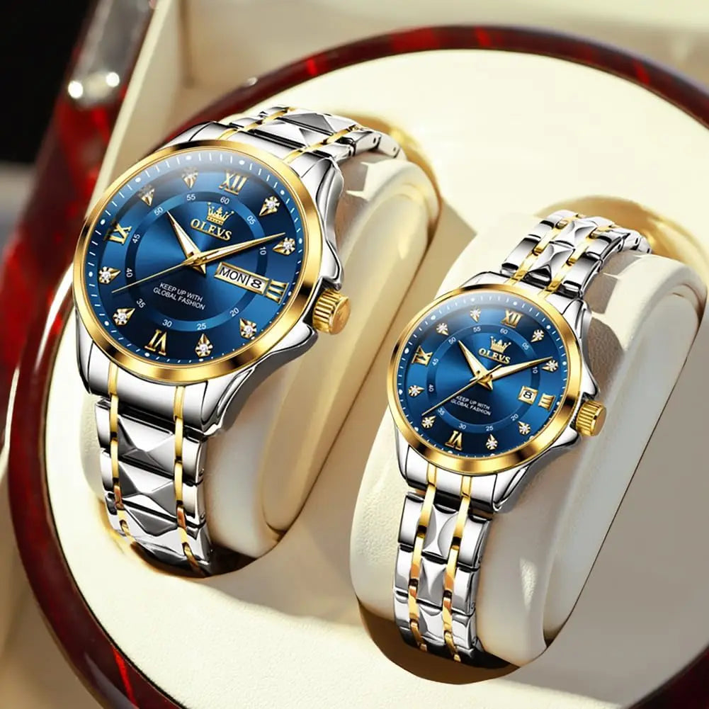 Luminous Calendar Date Waterproof Stainless Steel Couple Watch for Men and Women, Formal Casual Romantic Wedding Gift