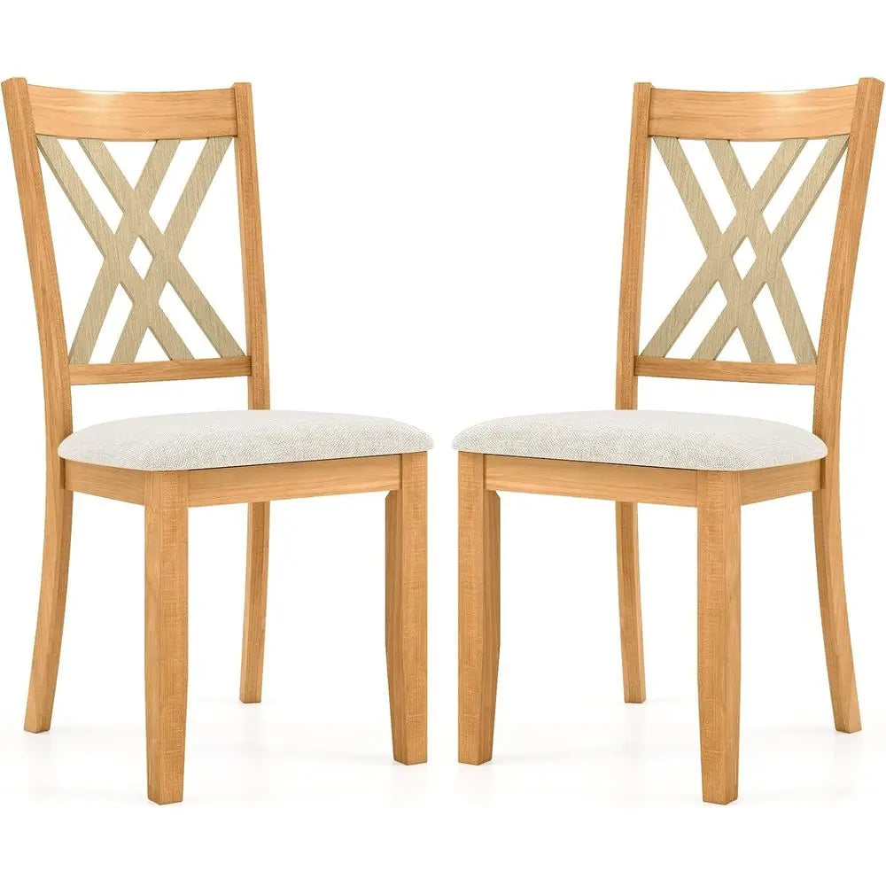 Set of 2 Wooden Dining Chairs with Fabric Padded Seats, High Back, Suitable for Home and Restaurant Use, Natural Finish