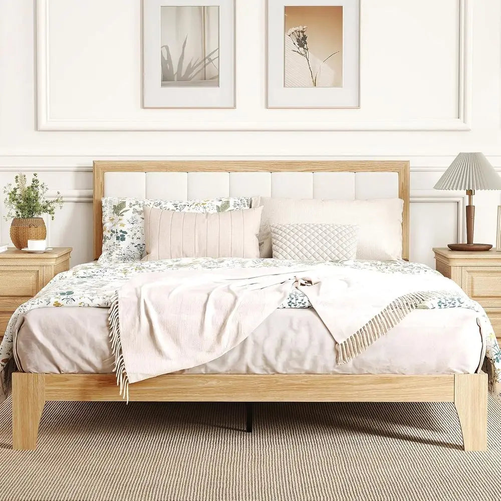 Queen Size Upholstered Platform Bed with Wooden Slats, No Box Spring Needed, Easy Assembly, Natural