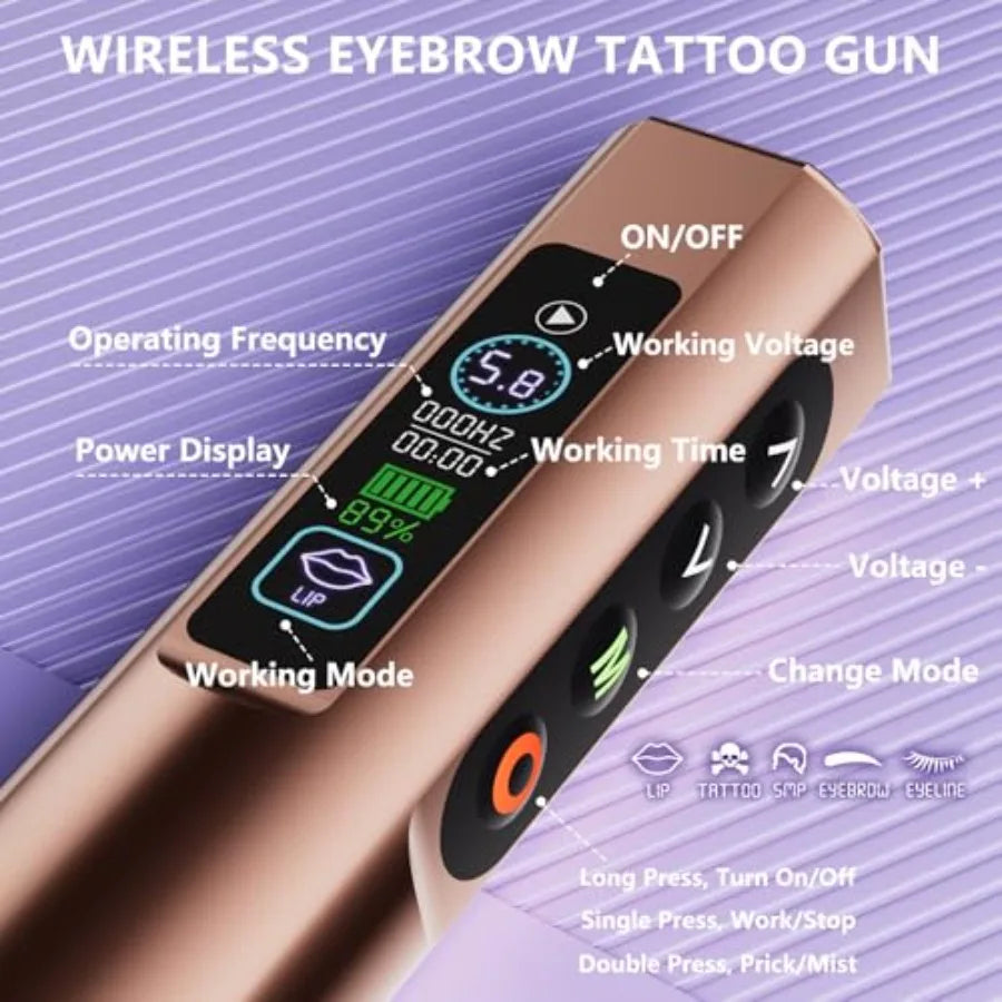 Microblading Kit for Eyebrow Lip Eyeliner Wireless Tattoo Gun with 2 Batteries 20 Needles Rose Gold Professional Semi-Permanent