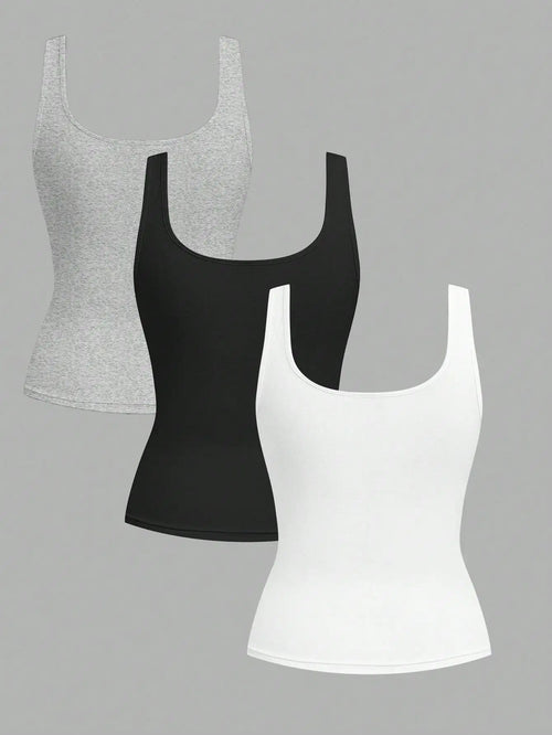 3-Pack Women's Ruched Waist Bodycon Tank Tops, Casual Scoop Neck Camis for Daily Wear