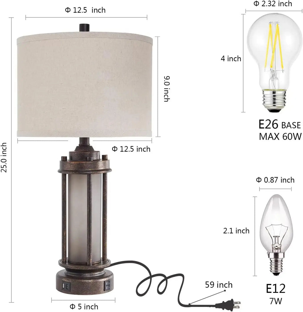 Set of 2 Rustic Farmhouse Table Lamps with USB Charging Ports, Night Light, and 4 Bulbs Included