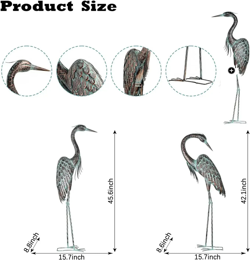 Garden Crane Statues, Standing Metal Patina Heron Decoy Outdoor Statue, 42-46 Inch Bird Yard Art for Patio Lawn Pond, Set of 2