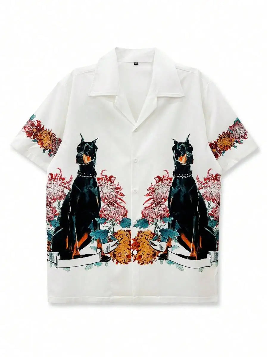 Men's Short Sleeve Casual Shirt with Floral & Canine Print, Beach Style