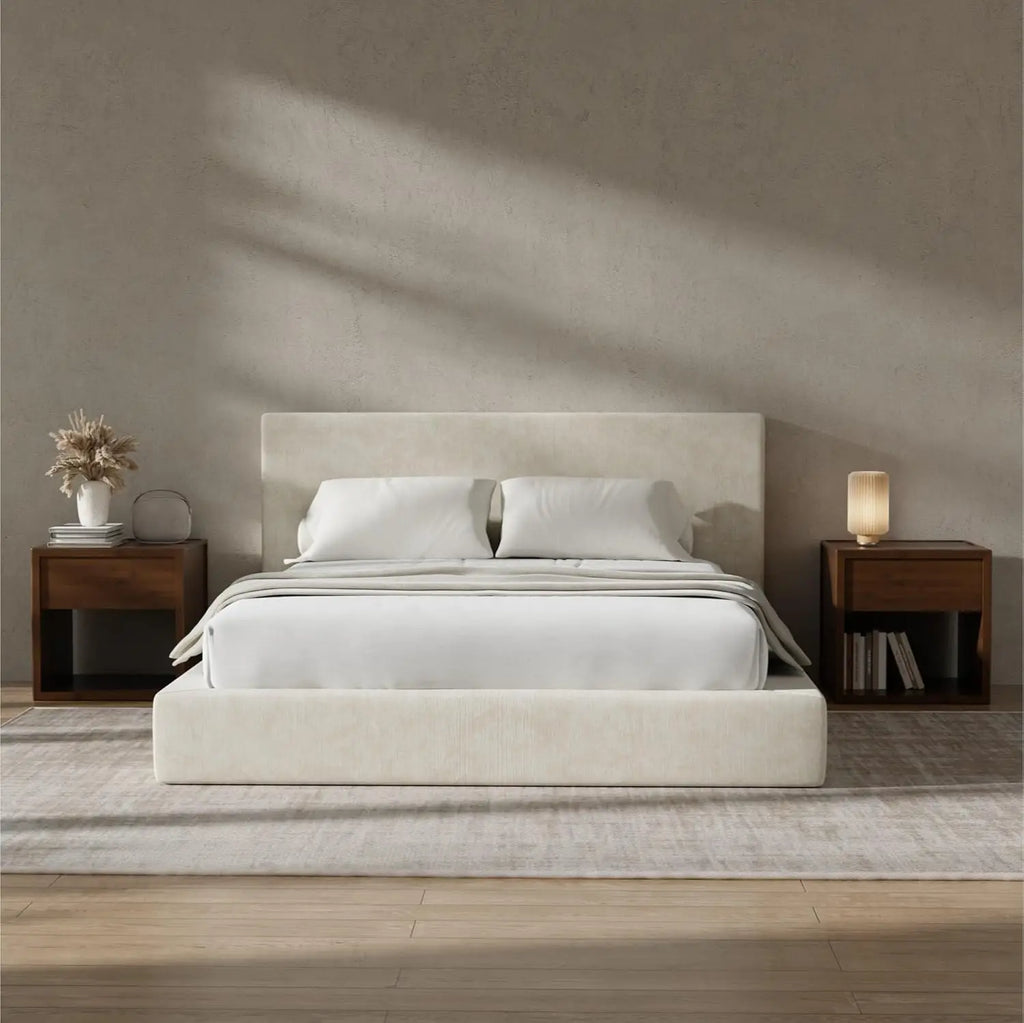 Upholstered Queen Bed Frame with Headboard Foam Padded Platform No Box Spring Easy Assembly Cream Customized