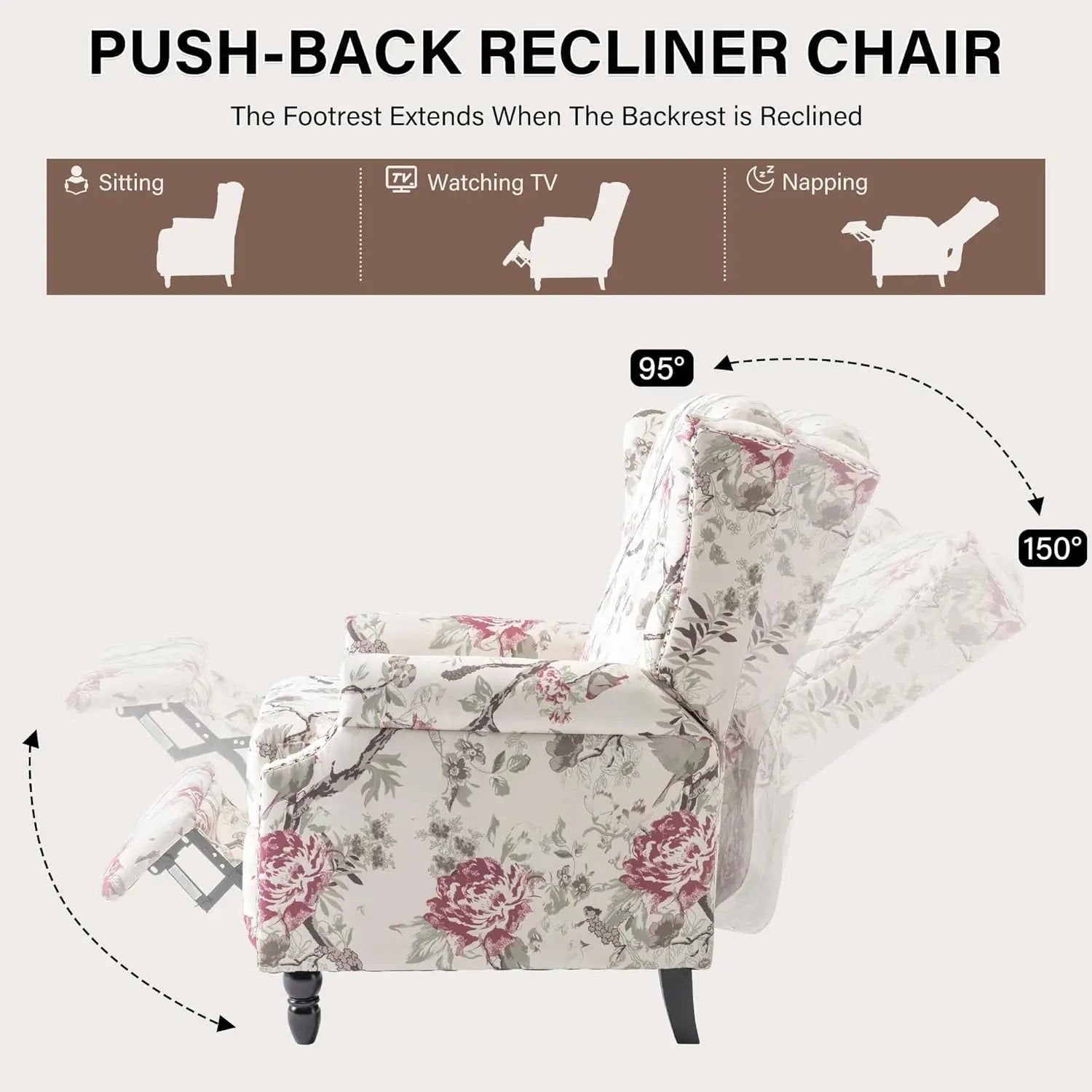 Pushback Floral Recliner Chair, Fabric Upholstered Armchair Push Back Accent Chair For Living Room, Rivet Trim Club, Customized