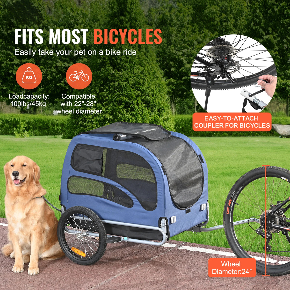 SucceBuy 100 lbs Dog Bike Trailer Pet Cart Bicycle Carrier with Coupler Reflectors Flag Collapsible to Store for Dogs Travel