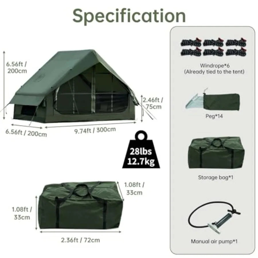 Inflatable Camping Tent with Hand Pump Waterproof Outdoor Blow up Tent Ox 4 Season Air Tent Cabin House with Mesh Windows and D