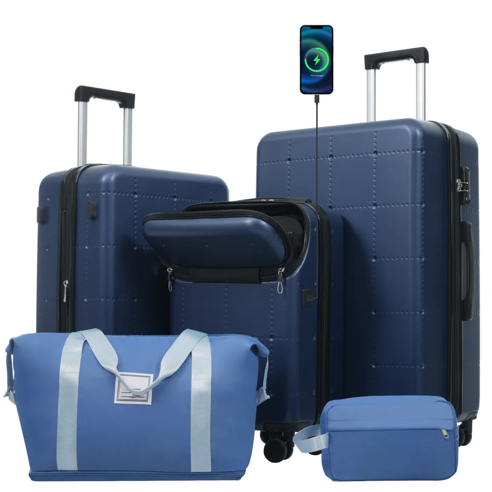 Hardside Expandable 5PCS Luggage Set with Bags 20" Half Opening Carry On USB TSA Lock Double Spinner Wheels 24" 28"