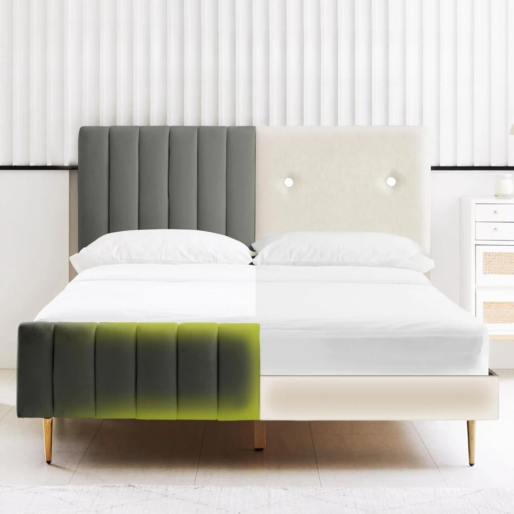 King Size Elton Velvet Platform Bed, Upholstered Bed Frame with Vertical Channel Tufted Headboard Footboard, Customized